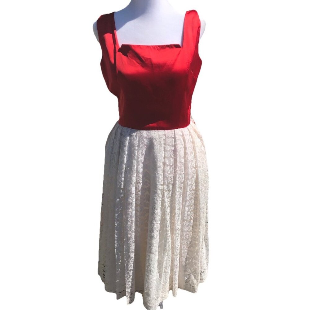 1950s Vtg Johnathan Logan Party Prom Fit Flare Red Dress White Lace Crinoline M